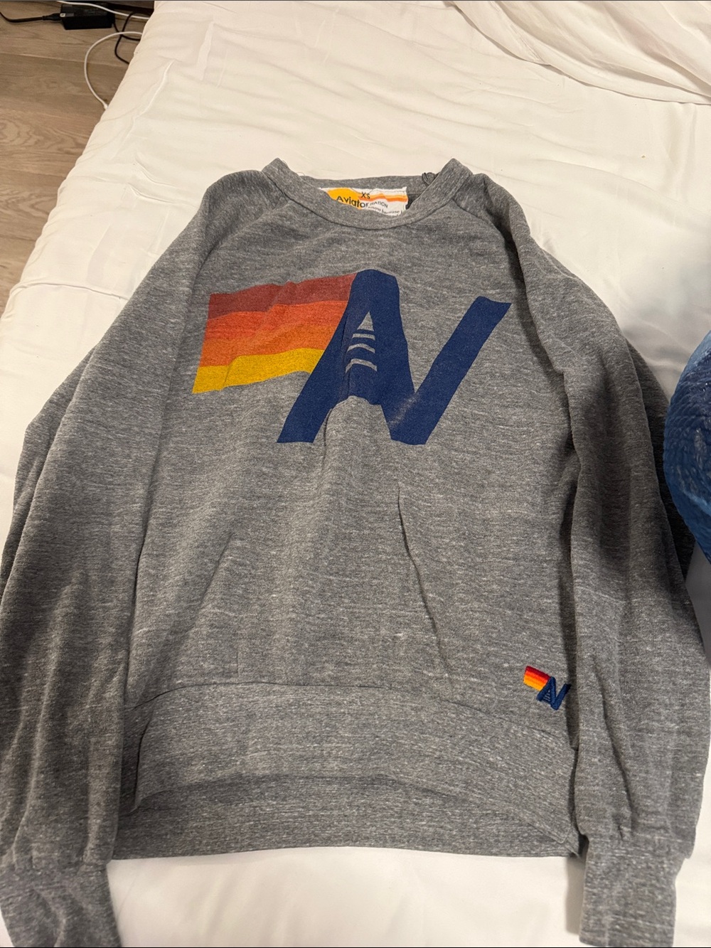 Aviator Nation Gray Crewneck with Sunset Stripe and Navy 'A' Logo